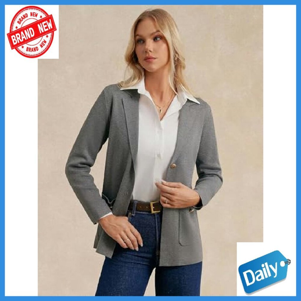 Soft Knit Blazer Cardigan Open Front Pockets Work Casual Fall Essential - Picture 1 of 8